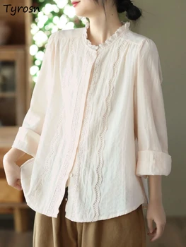 חולצות נשים עיצוב טלאים רופפים כל-התאמה יומית אלגנטי עדין מתוק מזג בנות קלאסי, וינטאג', סגנון קוריאני בסיסי