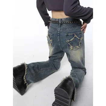 אמריקאי בסגנון אופנת רחוב כוכב מכנסיים קצה גלם התלקח ג ' ינס נשים הסתיו והחורף עיצוב חם בחורה גבוהה המותניים ישר מכנסיים