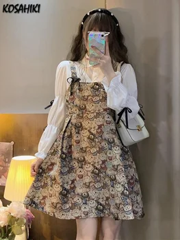 יפנית החלוק Kawaii Harajuku אופנה דוב הדפס השמלה נשים מזויף שני חלקים טלאים החולצה שמלות אופנה קוריאנית חמודה Vestido