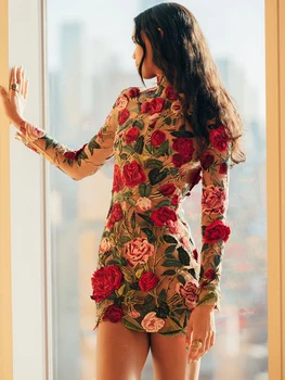 יוקרתי תחרה טלאים פרחים רקמה שמלות עבור נשים אלגנטי, שמלת מסיבה סקסית מיני קוקטייל Bodycon קצר Vestidos