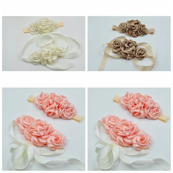צבע מוצק בעבודת יד פרח נשים סאש מתכוונן לידה גומי שמלת מסיבת קישוט צילום אביזרים בנות מתנות