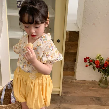 קיץ בגדי ילדים בגדי בנות 2023 קוריאני אופנה פרחוניים וחולצה מתבגר קצרים בנות שני חלקים תלבושות סטים 2-6Years