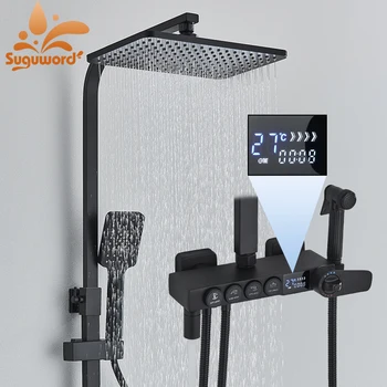 חכם Thermostatic חדר מקלחת ברז דיגיטלי LCD על הקיר עם מתלה בידה ריסוס קר מים חמים מערבל מקלחת מערכת