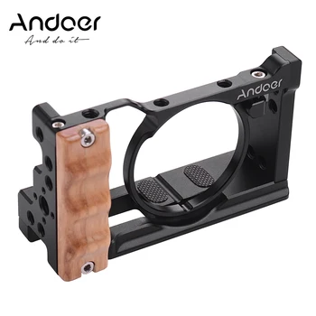 Andoer מתכת אלומיניום המצלמה הכלוב עבור Sony RX100 ו/VII עם קר הנעל הר 1/4 בורג עץ יד אחיזה Vlogging ירי
