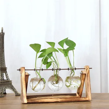 הידרופוני בציר אגרטלי פרחים צמח אגרטל יצירתי מסגרת עץ דקורטיביים הביתה בונסאי עיצוב שקוף, שולחן זכוכית צמחים