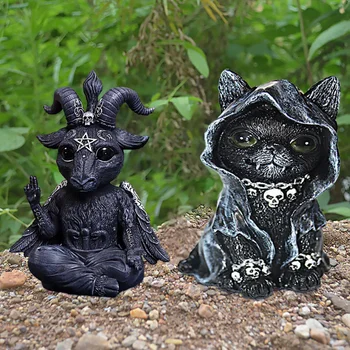 המכשפה חתול פיסול קסם פסל חתול קיטן קישוט ליל כל הקדושים פסל חתול שרף מלאכה קישוט הביתה חיצונית בחצר קישוט