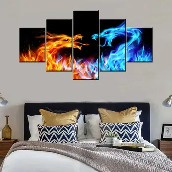 הדרקון מופשט חיה כחול ואדום אש 5 חלקים בד תמונה להדפיס אמנות קיר קנבס ציור קיר בעיצוב הסלון