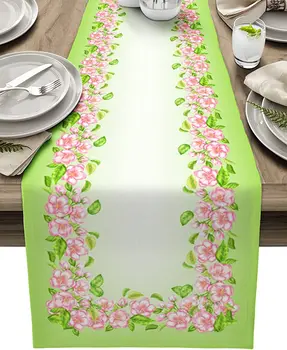 אביב ירוק ורוד פרחוני מותיר פשתן שולחן רצים מסיבת חתונה קישוט רחיץ שולחן האוכל רצים למטבח עיצוב שולחן