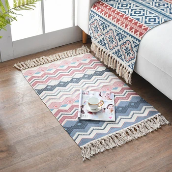 בוהמיה כותנה ארוגים מחצלות ציצית קשורה הדפסה מחצלות שטיחי רצפה קטנים מודרני מינימליסטי המיטה קטנה שטיחים