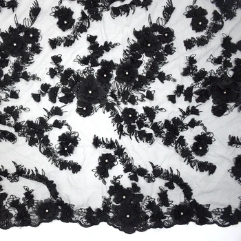 שחור בעבודת יד חרוזים שיפון תחרה עם פרחים פנינה רקמה בד חתונה שמלות ערב DIY אביזרים HY0868-5