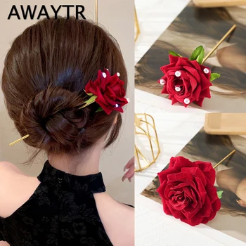 AWAYTR ורד אדום שיער מקלות Hairwear לנשים פשוט פרח החתונה סיכות כלה אביזרי שיער דיסק Hairsticks כיסוי הראש