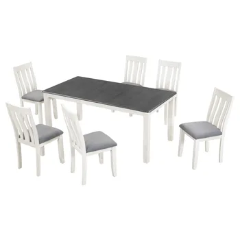 אפור+לבן בסגנון רטרו 7 חלקים שולחן האוכל מסודר עם להארכה שולחן ו-6 כסאות מרופדים מקורה מסעדה רהיטים